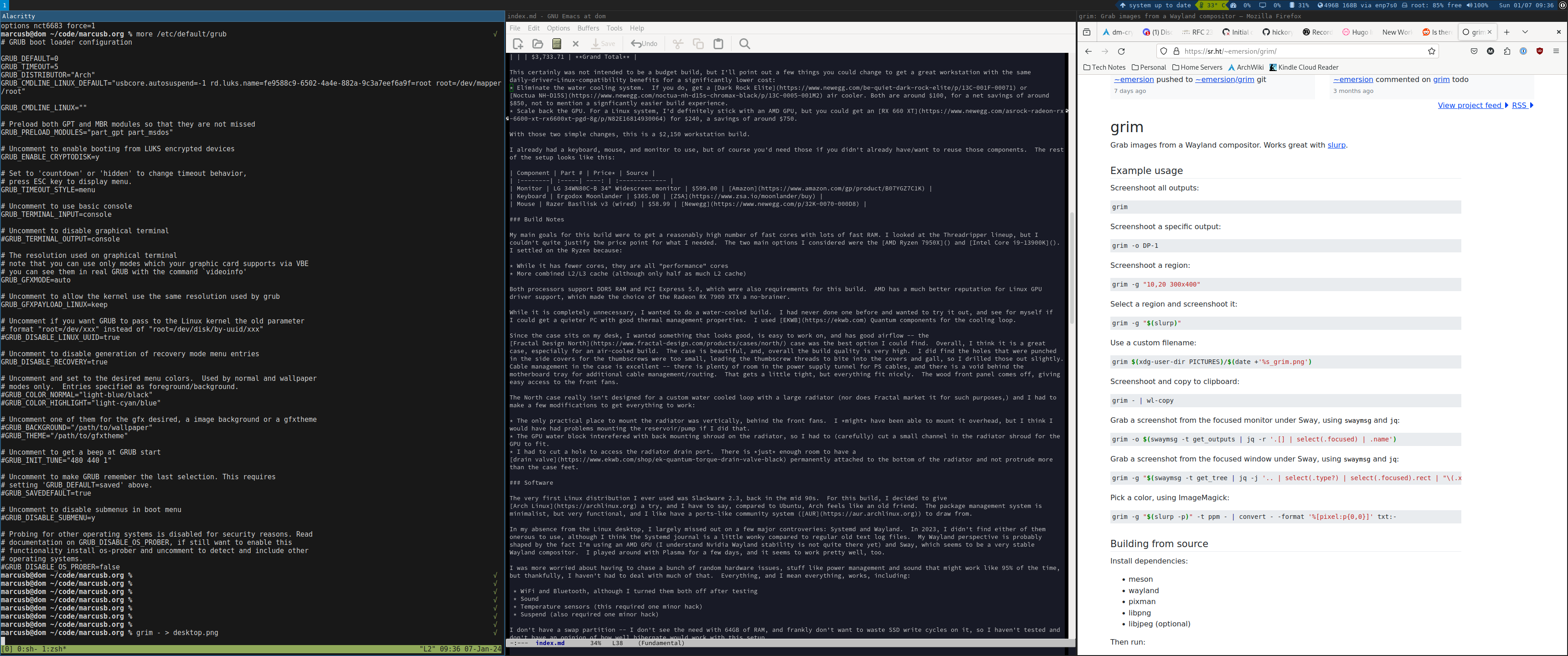 A screenshot of my typical desktop, showing a terminal, editor, and browser window in a tiled configuration